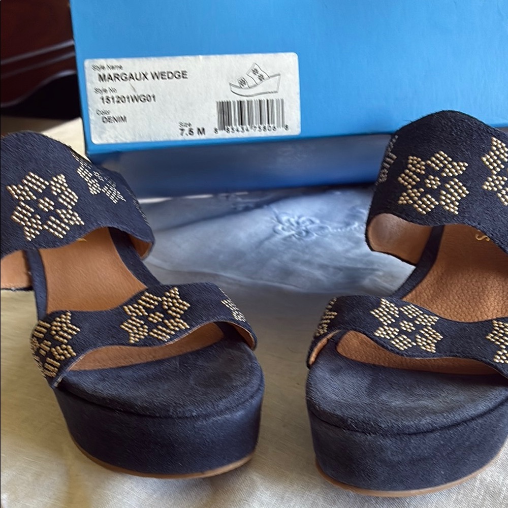 Jack Rogers Blue and Metal Grommet Wedges with Stylish Elevation